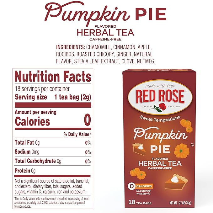 Red Rose Sweet Temptations Dessert Tea Pumpkin Pie, Zero Carbs, Zero Sugar Bursting with Flavor Caffeine-Free Delicious Beverage Herbal Tea