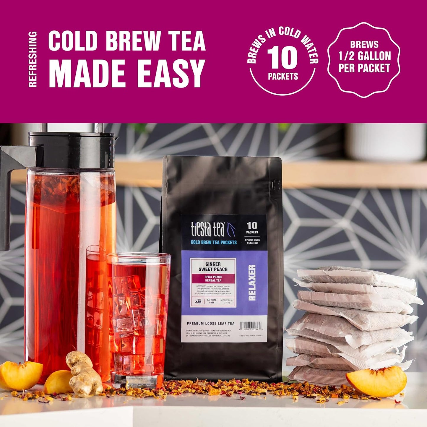 Tiesta Tea - Ginger Sweet Peach Cold Brew Tea, Loose Leaf | Spicy Peach Herbal Blend, Premium Non-Caffeinated Iced Blend, Cold Brew Packets, Makes 64 oz of Pitcher Per Bag (Pack of 10)