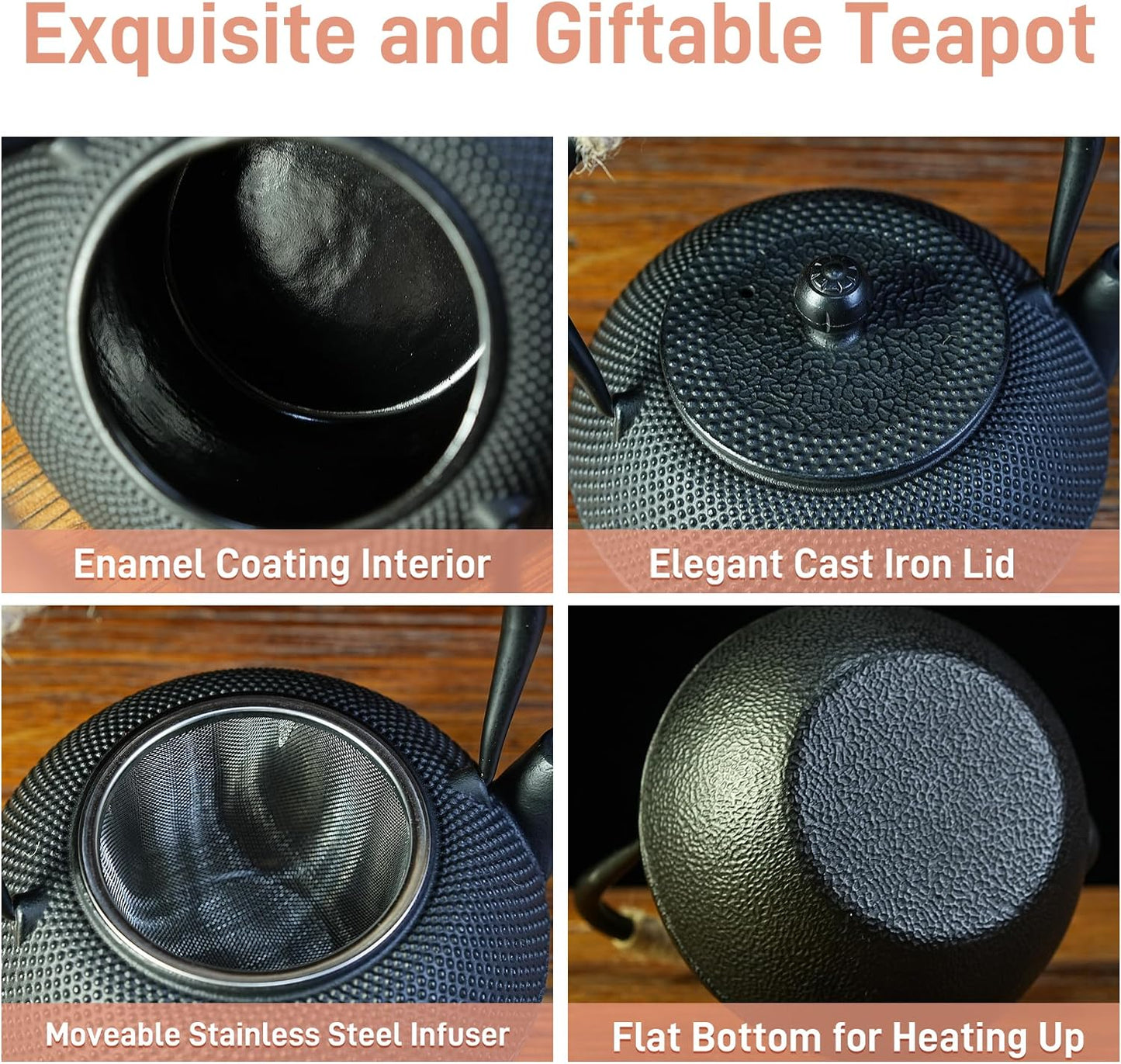 20.3oz Only, Small Tea Kettle for 1-2 Cups, Japanese Tetsubin, Cast Iron Teapot with Stainless Steel Infuser for Loose Leaf &amp; Coffee, Tea Pot for Stovetop Safe, Enamel Interior(Black, 600ml)