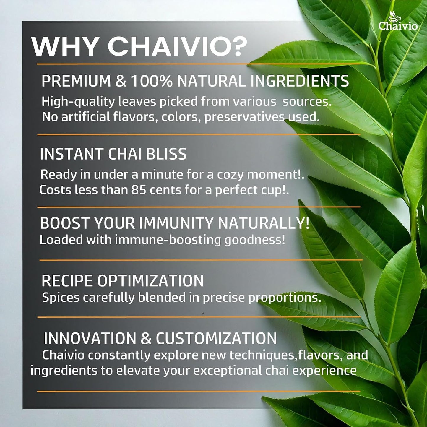 Chaivio Masala Chai Tea Latte, Unsweetened Instant Powder, Authentic Chai-with Natural Ingredients, No Preservatives, Tea Powder, Quick and Healthy Chai(1 lb)