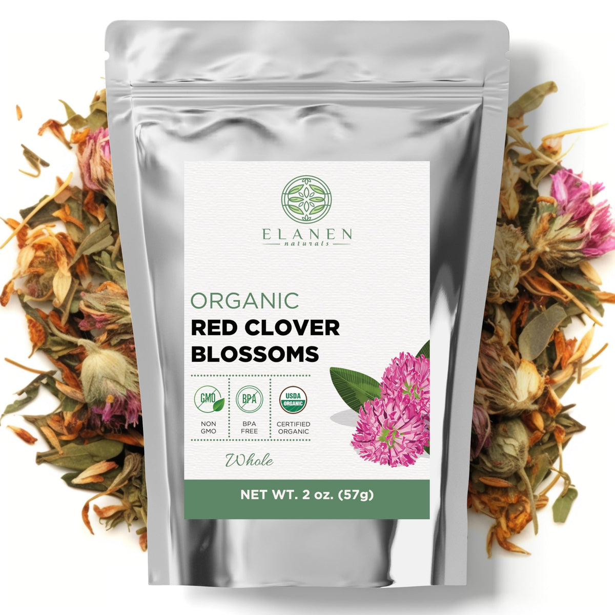 Elanen Naturals Organic Red Clover Blossoms 2 oz. (57g), USDA Certified Organic Red Clover Blossom Tea, Whole