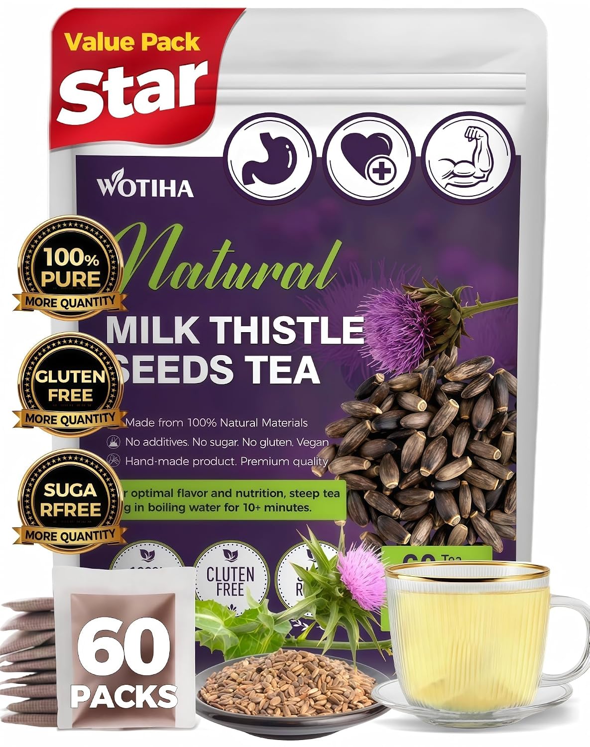 WOTIHA 60 Count Premium Milk Thistle Tea Bags - 100% Natural Milk Thistle Seed, Liver Support, Caffeine-Free, Additive-Free, Non-GMO