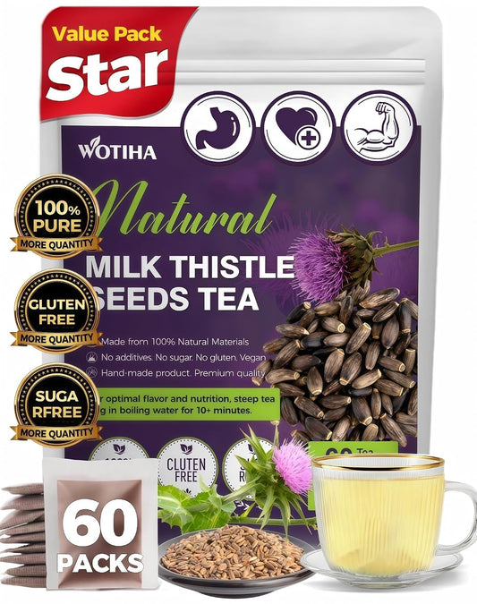 WOTIHA 60 Count Premium Milk Thistle Tea Bags - 100% Natural Milk Thistle Seed, Liver Support, Caffeine-Free, Additive-Free, Non-GMO