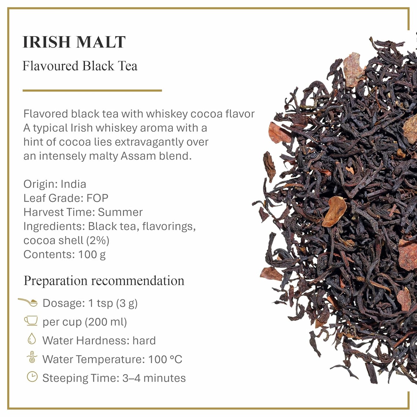 Ronnefeldt Irish Malt – Loose Leaf Black Tea with Whiskey & Cocoa Flavour – 100g Pack – Fine Indian Blend