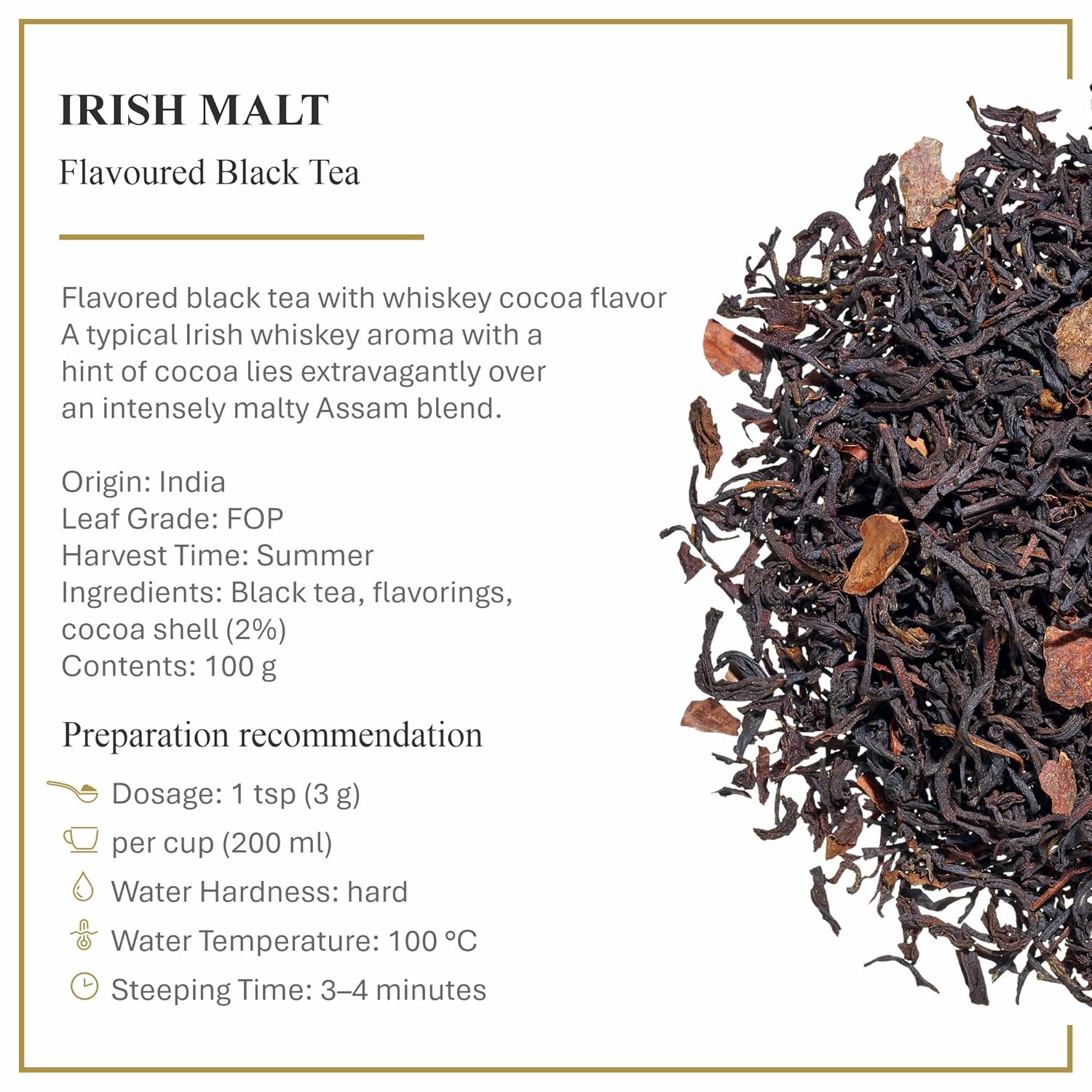 Ronnefeldt Irish Malt – Loose Leaf Black Tea with Whiskey & Cocoa Flavour – 100g Pack – Fine Indian Blend