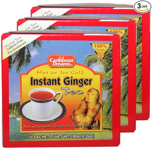 Caribbean Dreams Instant Ginger Tea, Sweetened, 18g (Pack of 3) - Total 30 Tea Bags