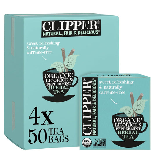 Clipper Organic Licorice &amp; Peppermint Tea, 4 pack / 200 Tea Bags | Naturally caffeine free herbal tea in unbleached tea bags, USDA Organic, Non-GMO approved
