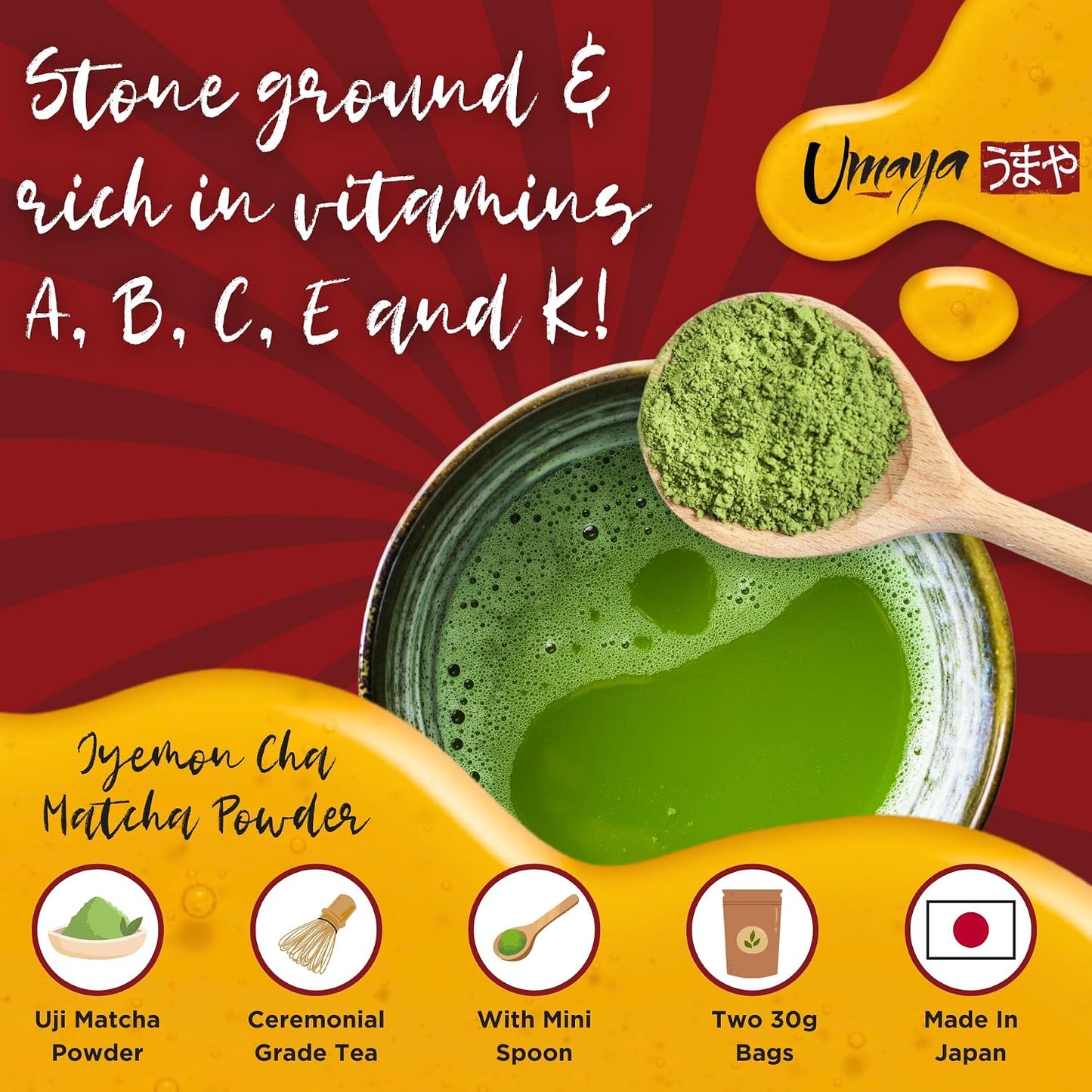 UMAYA - Iyemon Cha Premium Matcha Powder from Kyoto - Stone Ground Uji Matcha Green Tea with Wooden Spoon - Authentic Japanese Matcha for Lattes, Baking &amp; More - 30g x 2