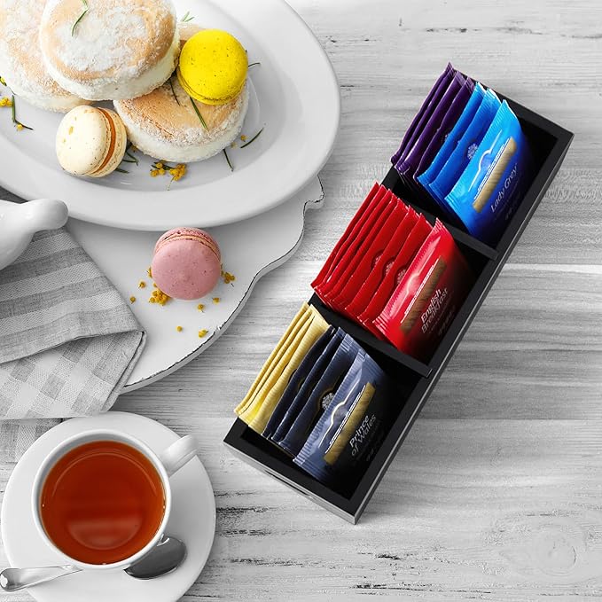DRASTAR Tea Bag Organizer, Black Wooden Tea Bag Holder, Tea Storage Containers with 3 Slots, Sugar Packet Holder, Tea Bag Caddy Box for Countertop