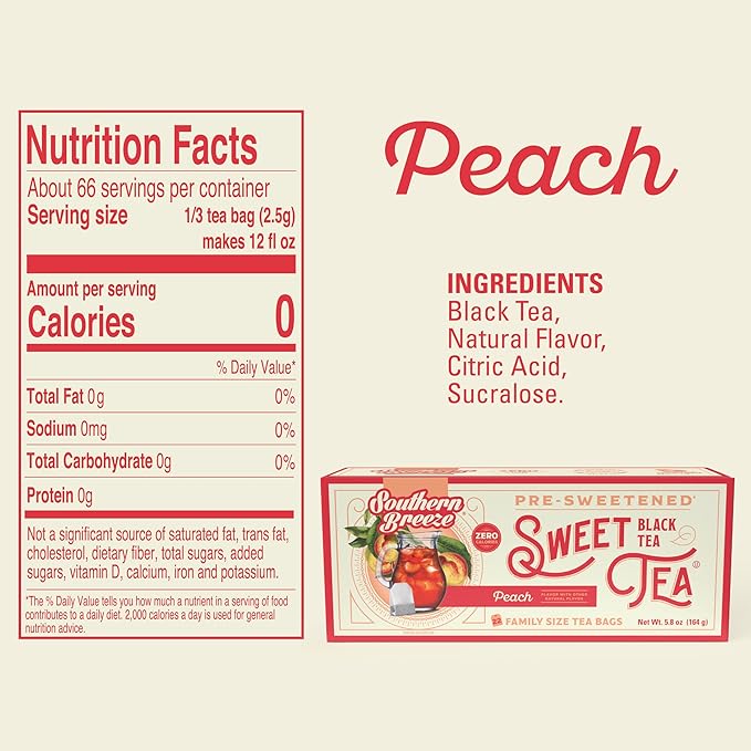 Southern Breeze Hot Brew Sweet Tea Peach Iced Tea with Black Tea and Zero Carbs Zero Sugar, 22 Individually Wrapped Family Size Tea Bags, Pack of 2