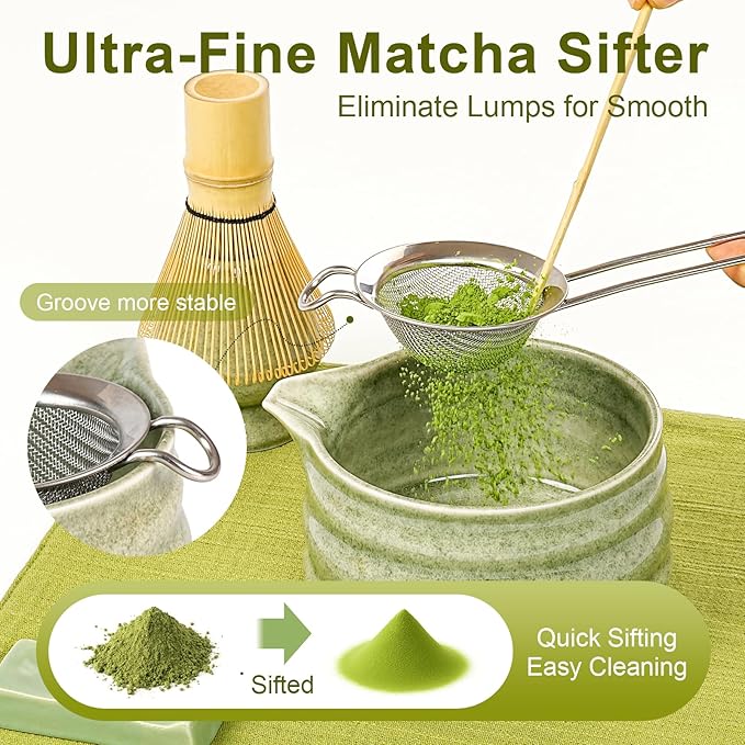 Artisan Ceramic Matcha Set, 7Pcs Japanese Matcha Whisk Kit with Speckled Glaze Bowl, Bamboo Chasen & Sifter