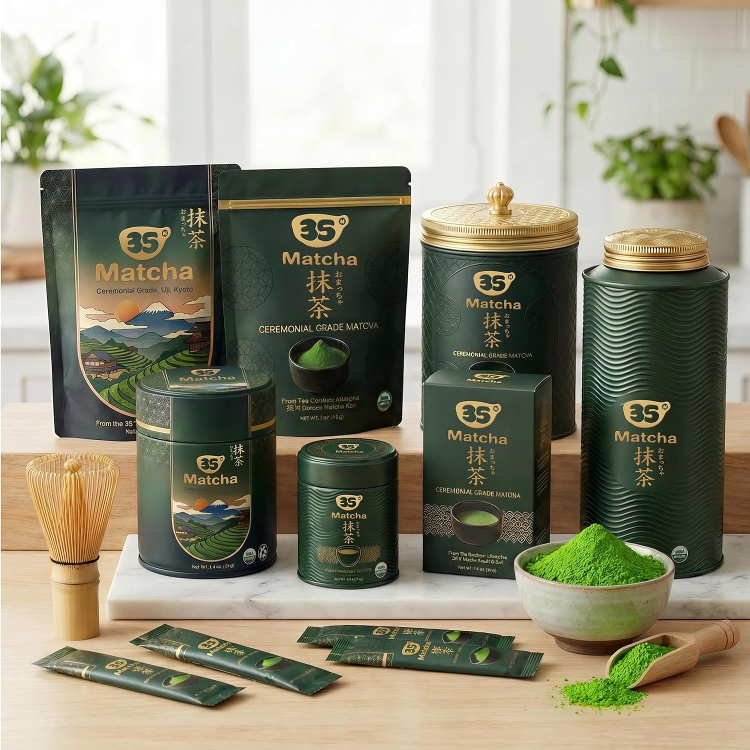 35°N MATCHA Organic Ceremonial Grade Matcha Green Tea Powder – Smooth, Vibrant Green, Low Bitterness, First Harvest, Ideal for Matcha Lattes & Usucha, USDA Certified (40g / 1.4oz)-White Tin