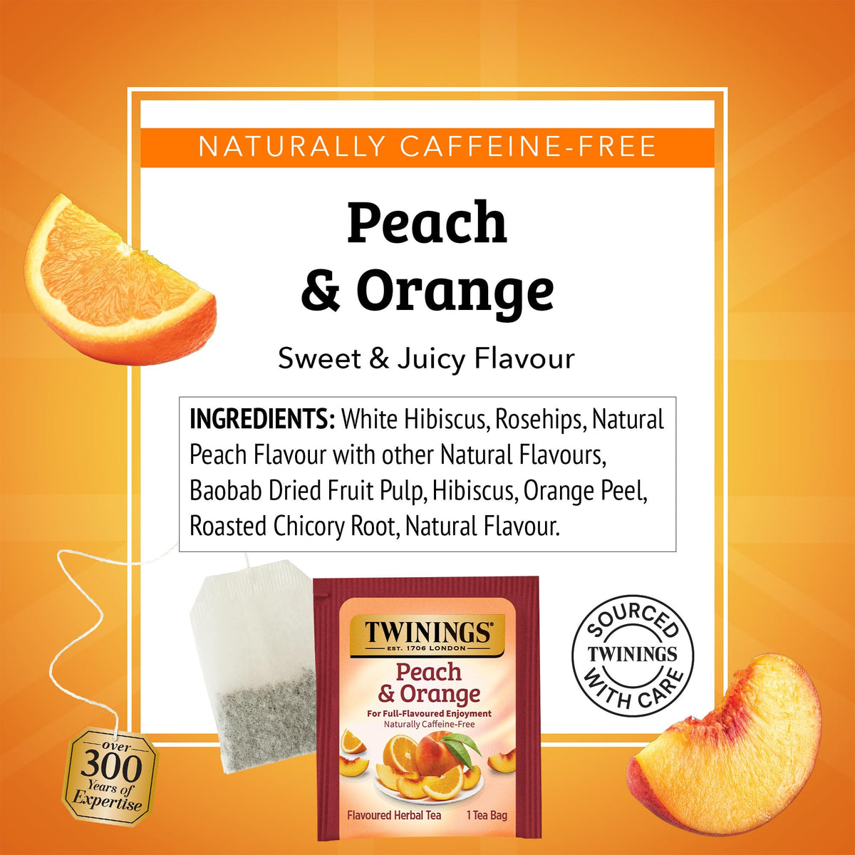 Twinings Peach & Orange Herbal Tea Individually Wrapped Bags, 100 Count (Pack of 1), Juicy & Fruity, Naturally Caffeine-Free