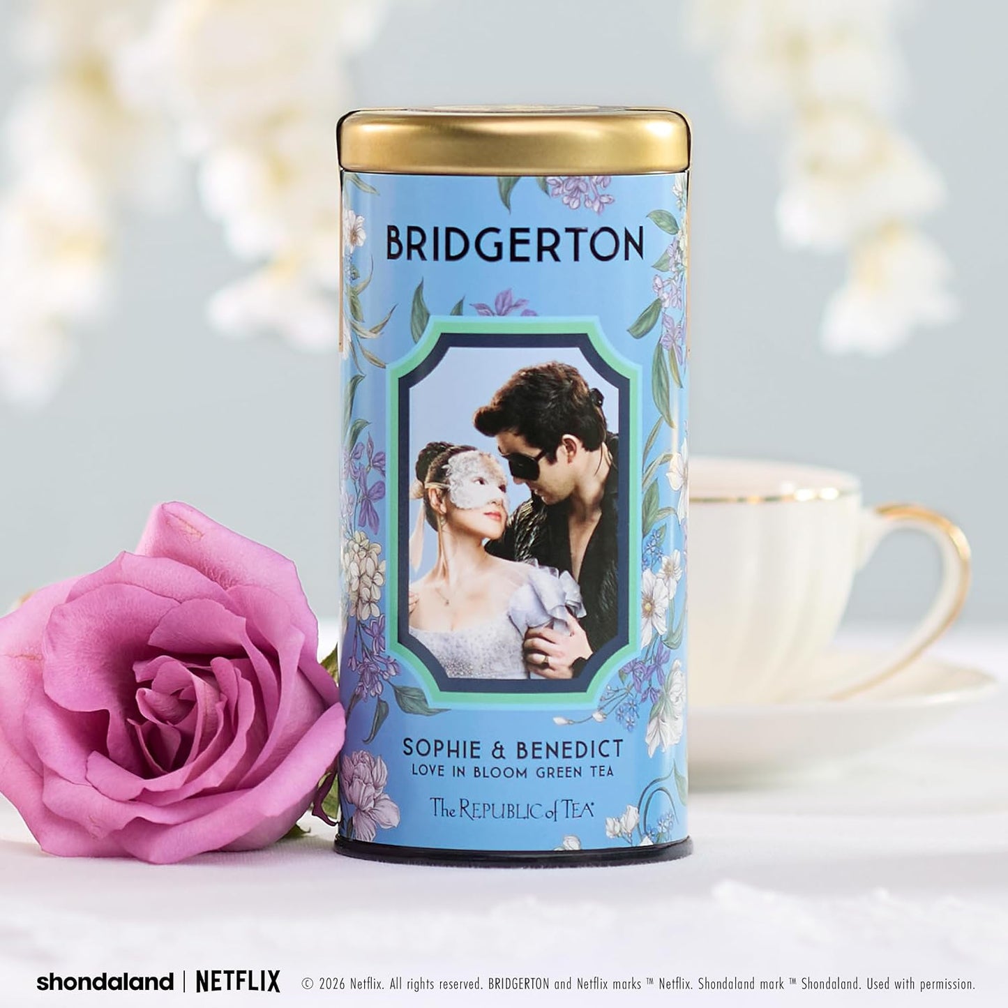 The Republic of Tea Bridgerton Sophie &amp; Benedict Love in Bloom Green Tea | Low Caffeine. 36 Count. A gentle cup for everyday sipping. Fresh with light vegetal notes. Gluten Free.