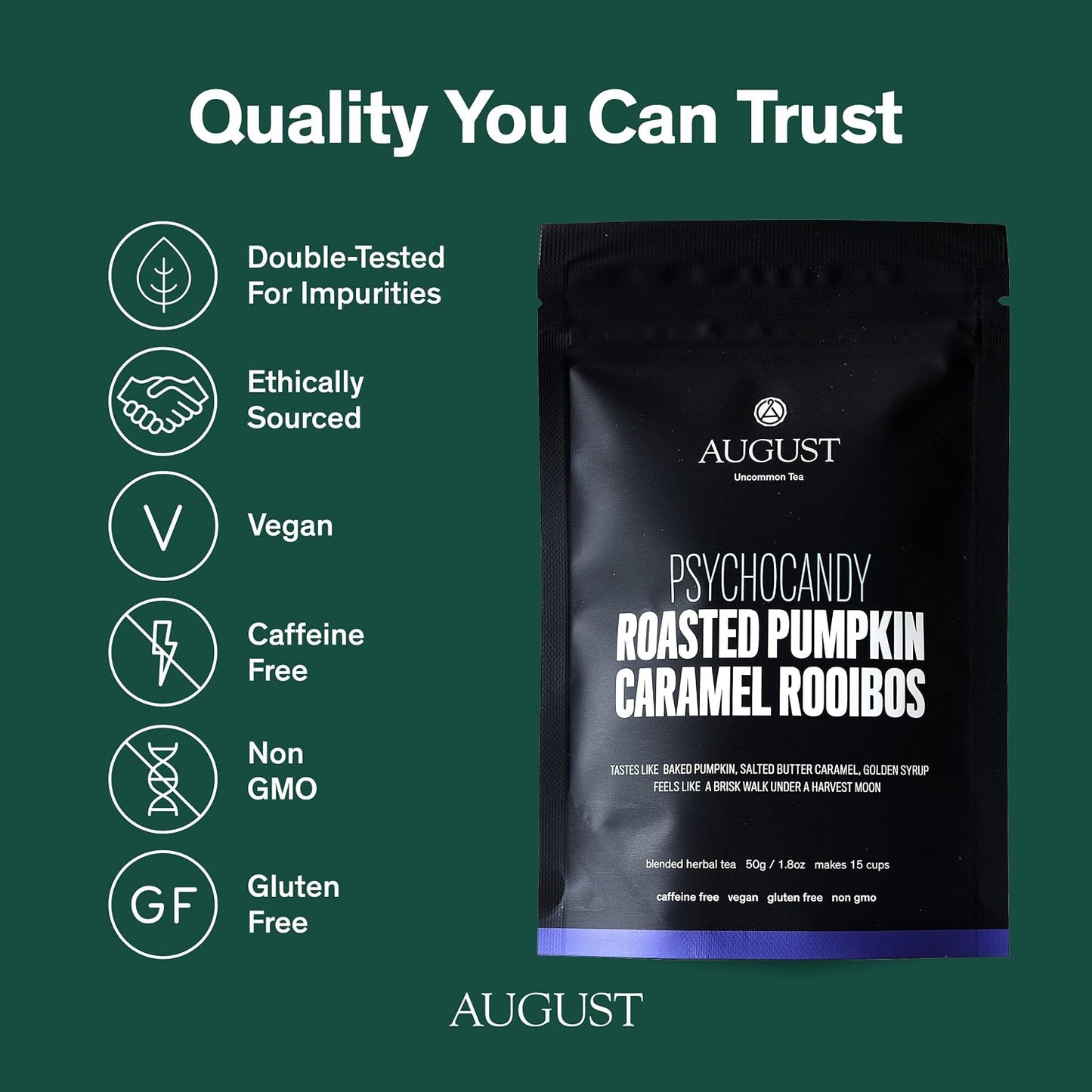 August Uncommon Psychocandy Roasted Pumpkin Caramel Rooibos Tea (1.75oz) | Vegan, Gluten-Free &amp; Non-GMO South African Rooibos Tea – Creamy Caramel Flavor for Bedtime – Resealable Pouch – 15-30 Cups