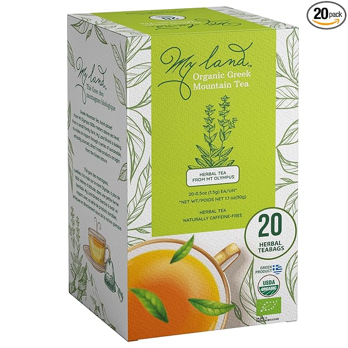 My Land Organic Greek Mountain Tea Bags – Sideritis Scardica Ironwort from Mt. Olympus, 20 Compostable Herbal Tea Bags, Caffeine-Free, Easy Steep Greek Tea