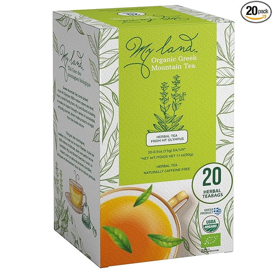 My Land Organic Greek Mountain Tea Bags – Sideritis Scardica Ironwort from Mt. Olympus, 20 Compostable Herbal Tea Bags, Caffeine-Free, Easy Steep Greek Tea
