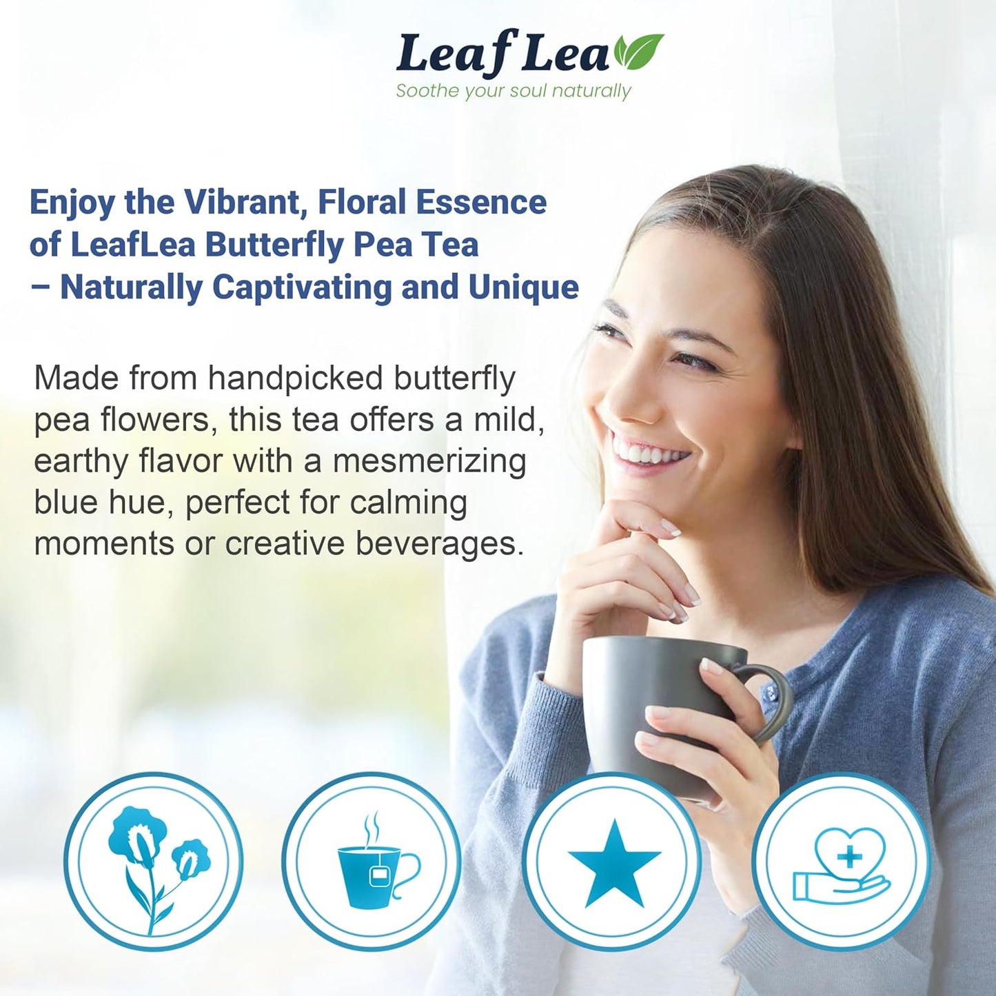 LeafLea Butterfly Pea Tea Bags, 100% Butterfly Pea Flowers, 80 Count