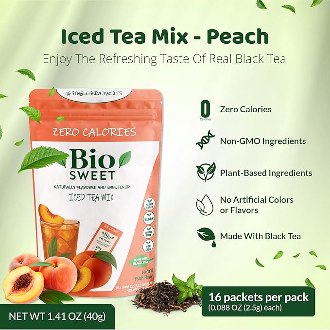 BioSweet Iced Tea Mixes - Peach Flavor | Zero Calorie Mix from Real Black Tea | Naturally Sweetened & Flavored | Non GMO, Gluten Free, Vegan (16 single-serve packets)