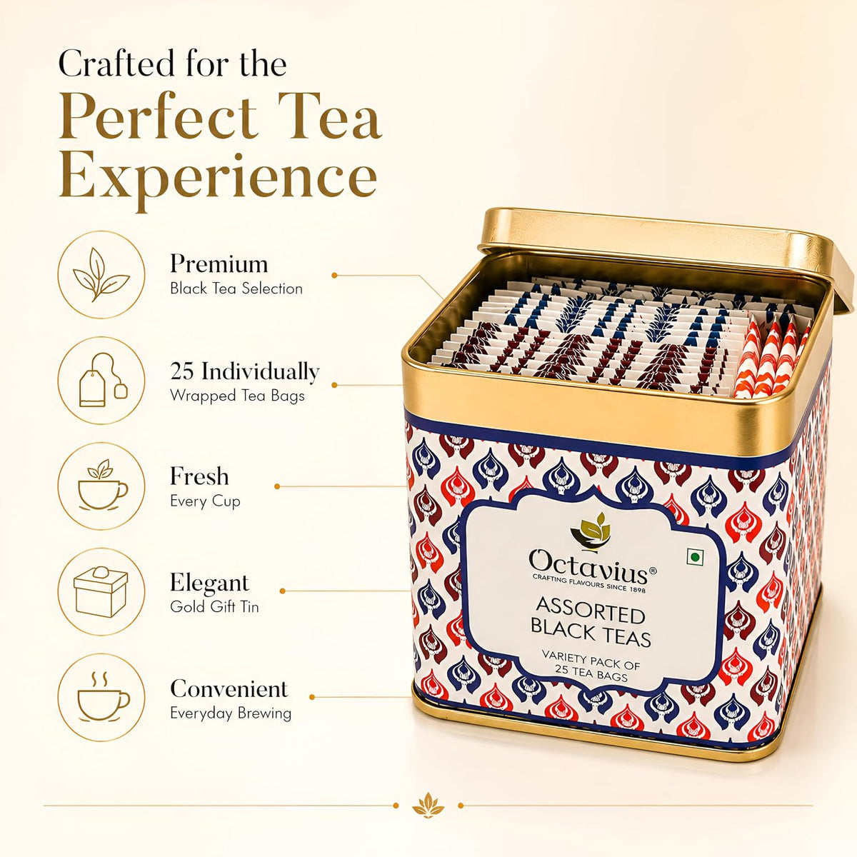 Octavius Assorted Black Tea Sampler Pack – 25 Tea Bags, 3 Flavors: Darjeeling, Assam, Indian Masala | Premium Black Tea