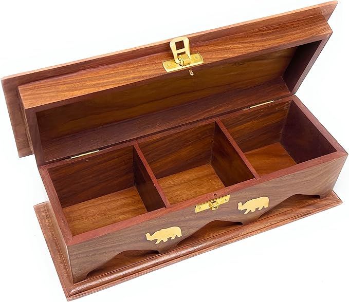 Handcrafted Rosewood Tea Box Organizer with Brass Inlay – 3-Compartment Storage Chest for Tea Bags, Spices & Keepsakes – Natural Wood Tea Caddy – Artisan Kitchen & Gift Item from South Asia