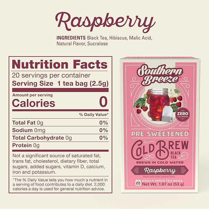 Southern Breeze Cold Brew Sweet Tea Raspberry Iced Tea with Black Tea and Zero Carbs Zero Sugar