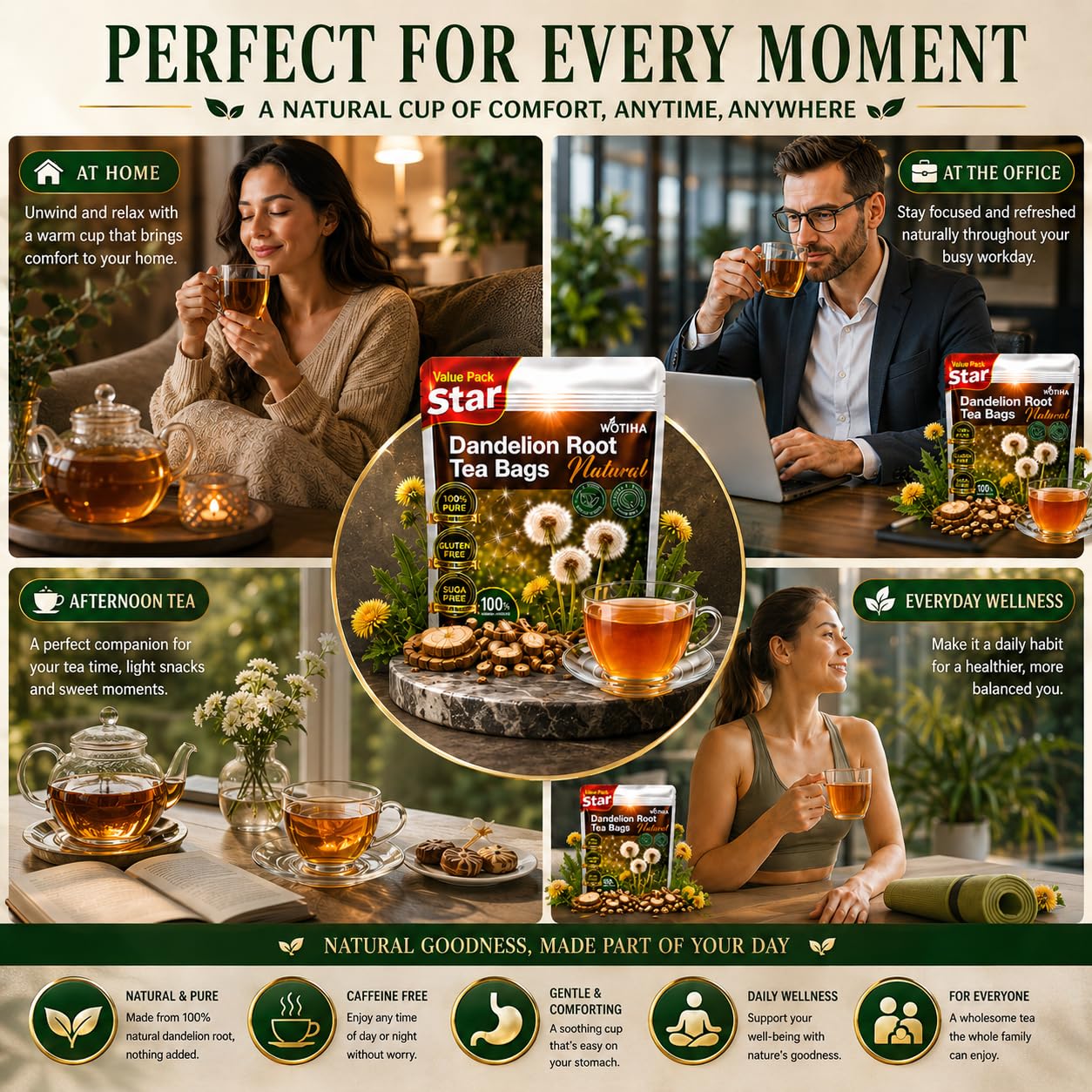 WOTIHA 60 Count Premium Dandelion Root Tea Bags - 100% Natural Roasted, Supports Liver &amp; Kidney Health, Digestion &amp; Immunity, Caffeine-Free, Additive-Free, Gluten-Free, Vegan.