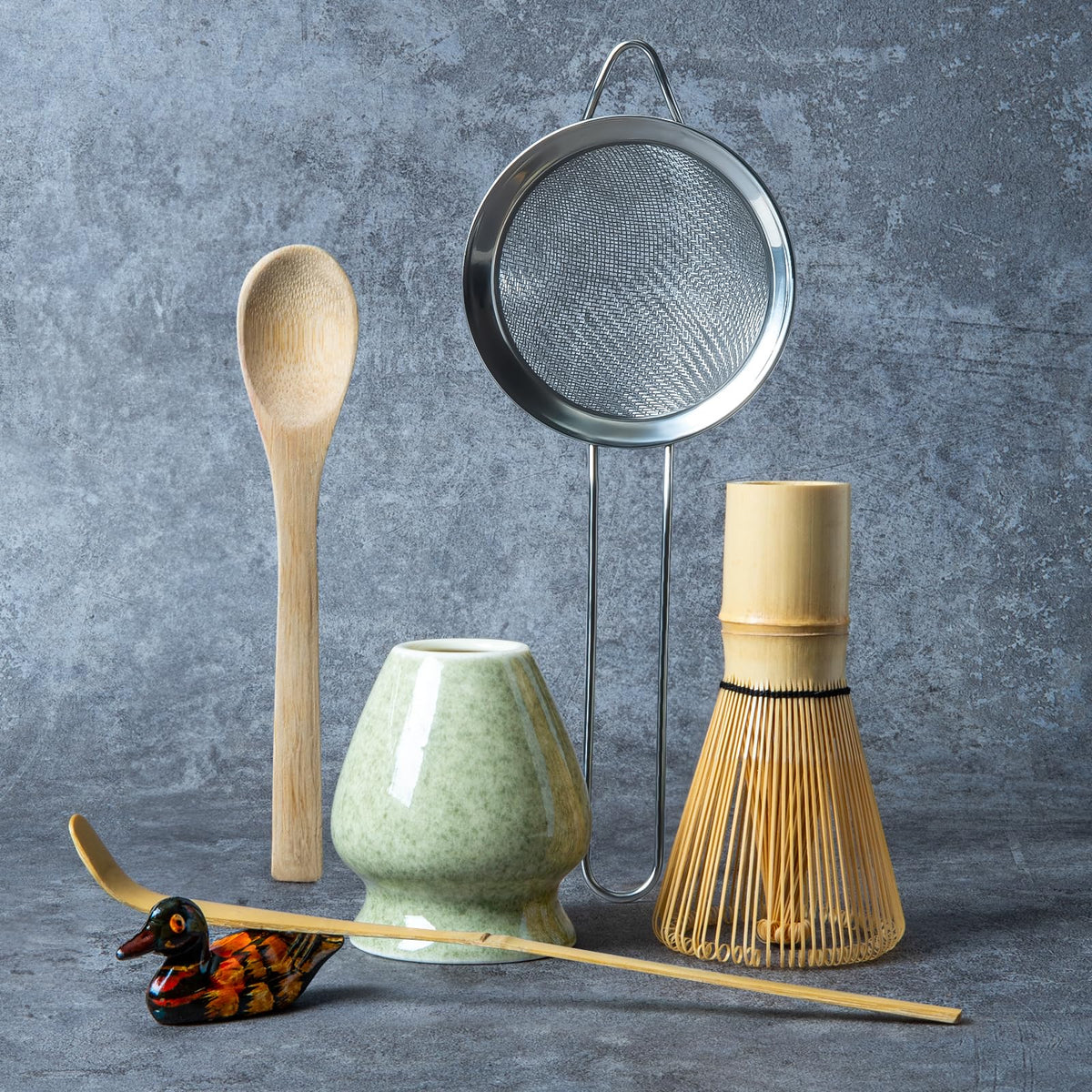 YIBO Matcha Whisk Set, Matcha Making Kit Whisk (Chasen Holder), Ceramic Whisk Holder (Mottled Green), Bamboo Scoop, Powder