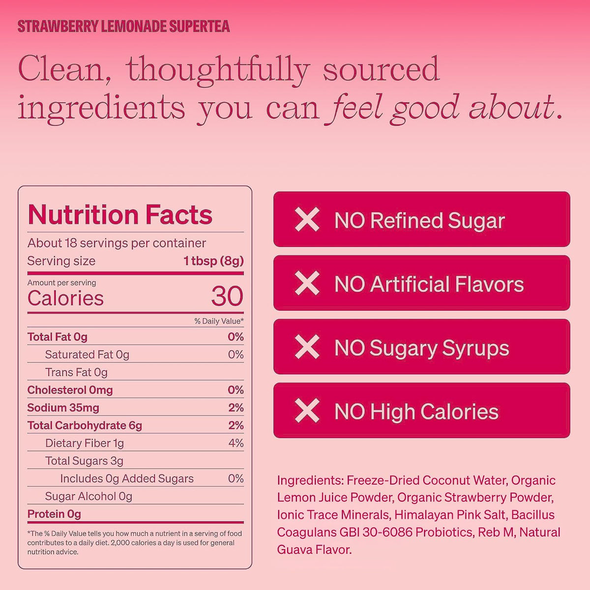 Clevr Strawberry Lemonade GLP-1 Friendly Electrolytes Hydration Drink Mix – No Added Sugar – Coconut Water with Strawberry &amp; Lemon Juice, Trace Minerals &amp; Gut Supporting Probiotics – Caffeine-Free SuperTea – 18 Servings