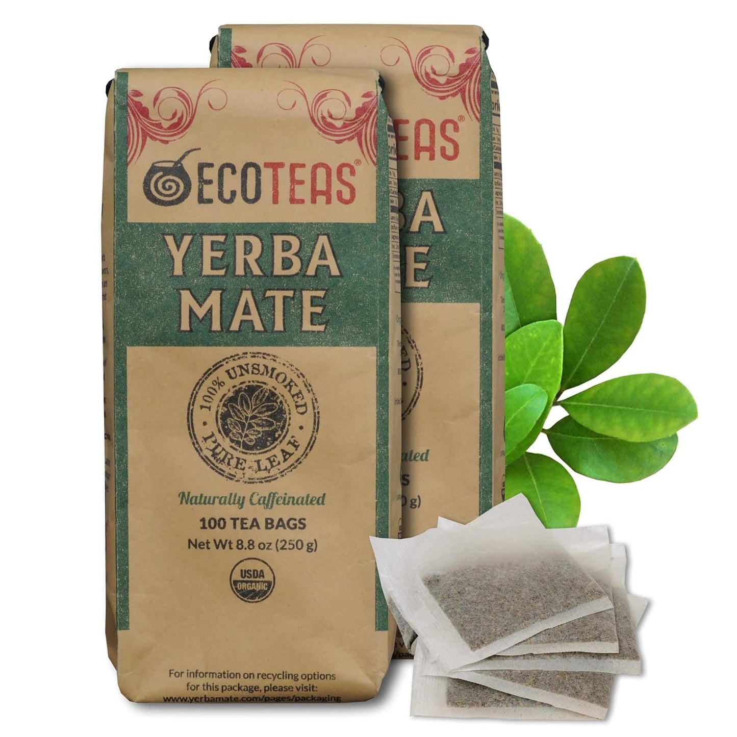 ECOTEAS Organic Yerba Mate Tea Bags Unsmoked 100 Count 8.8 oz Pack of 2 | Organic unsmoked 100 ct pack of 2 200 servings, USDA organic kosher non-GMO, low acid naturally caffeinated
