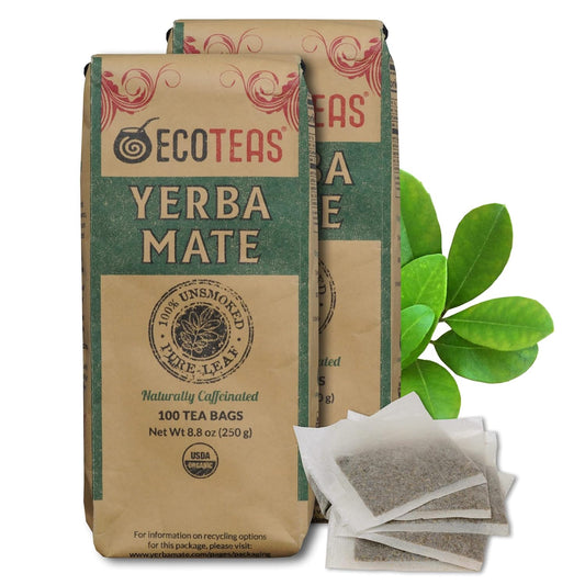 ECOTEAS Organic Yerba Mate Tea Bags Unsmoked 100 Count 8.8 oz Pack of 2 | Organic unsmoked 100 ct pack of 2 200 servings, USDA organic kosher non-GMO, low acid naturally caffeinated