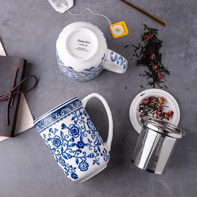 AmorArc Porcelain Tea Mug with Infuser and Lids, 18 Oz Coffee Cup Strainer with Bag Holder for Loose Leaf Tea