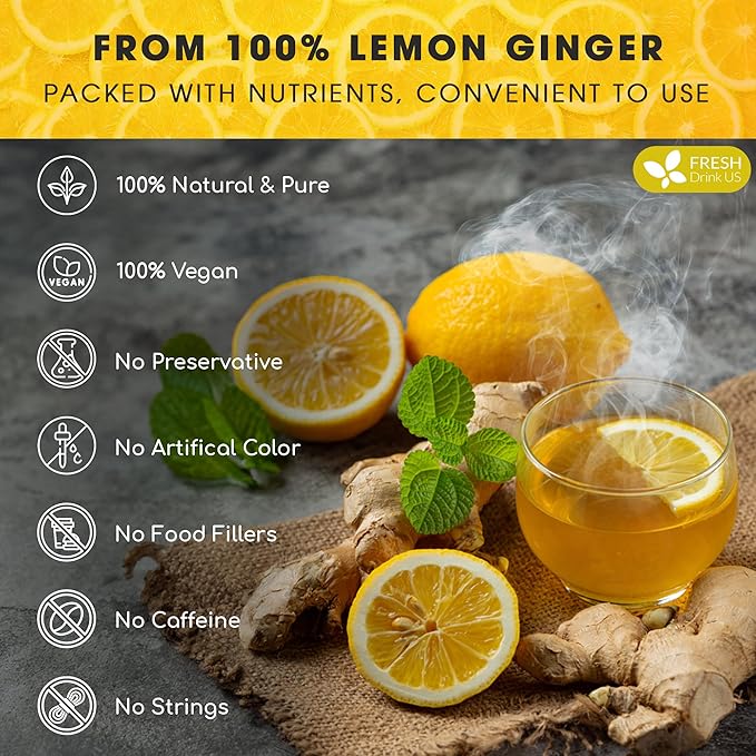 FreshDrinkUS, Premium 150 Lemon Ginger Tea Bags, 100% Natural Ingredients, Hand-made Blend of Lemon and Ginger, Eco-conscious Tea Bags. No Sugar, No Caffeine, Vegan.