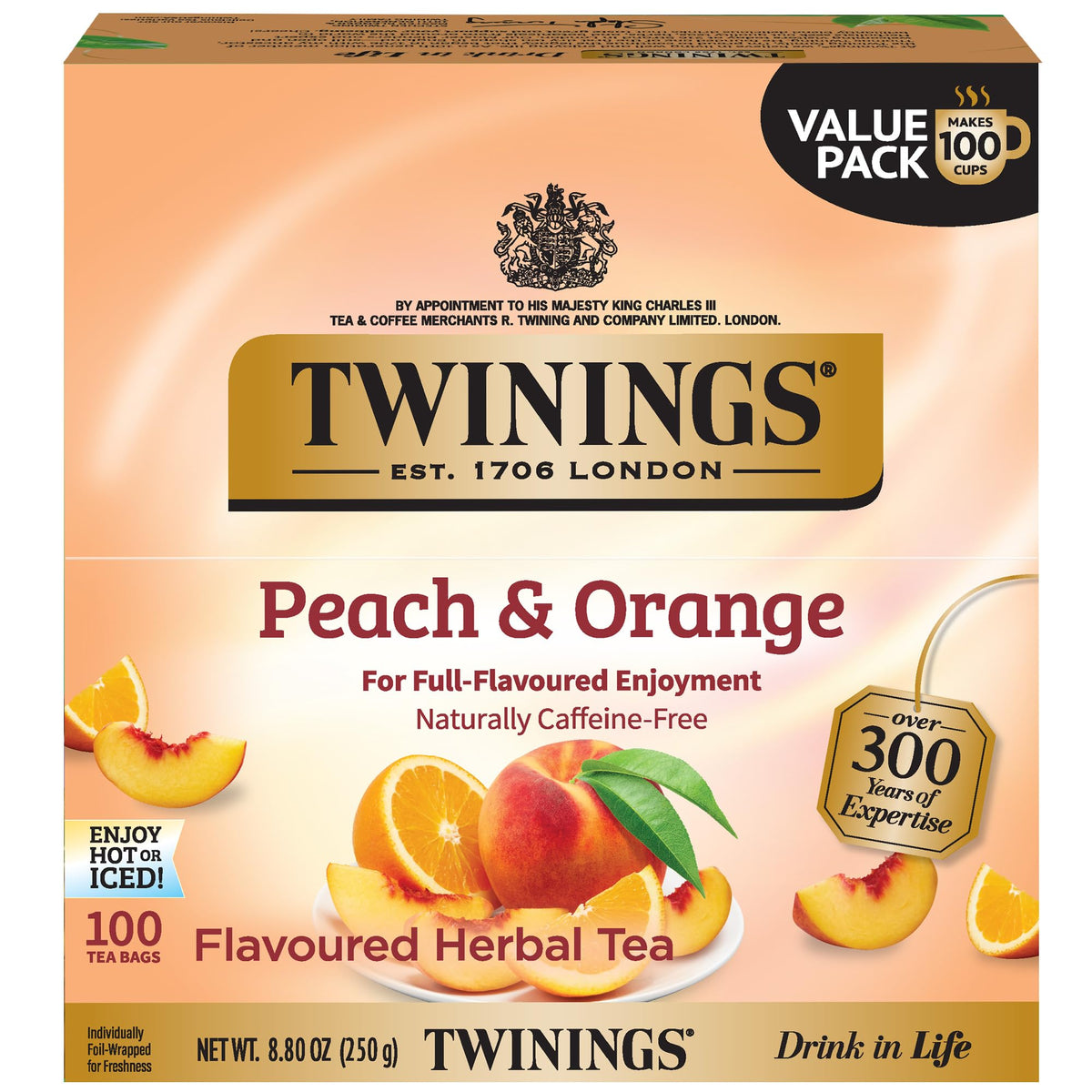 Twinings Peach & Orange Herbal Tea Individually Wrapped Bags, 100 Count (Pack of 1), Juicy & Fruity, Naturally Caffeine-Free