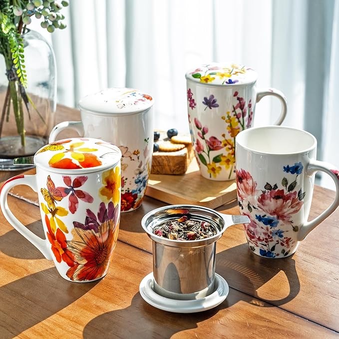 Gbhome Tea Mug with Infuser and Lid, 18 Ounce Large Ceramic Loose Leaf Tea Cup, Microwave, Dishwasher Safe Tea Steeping Mug