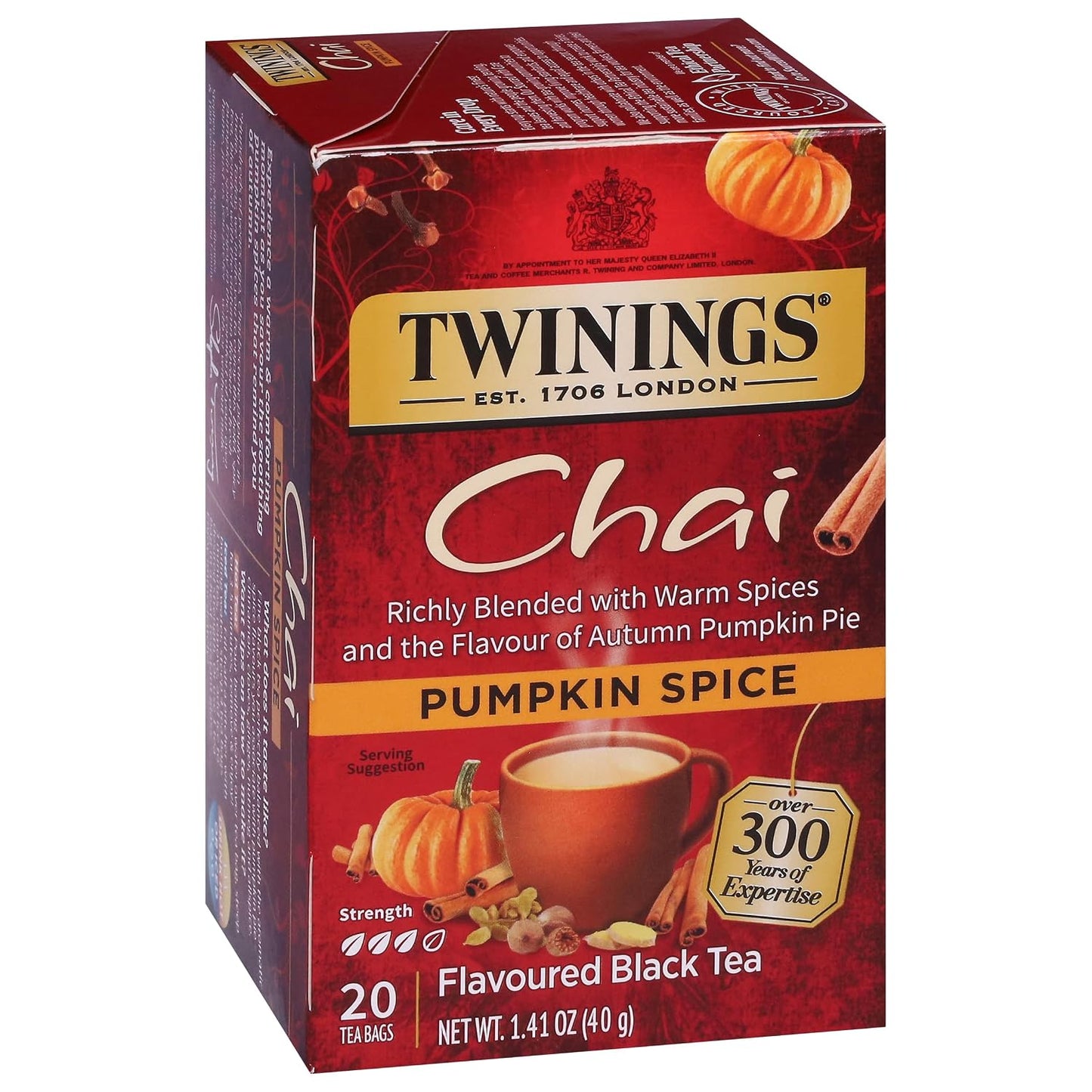 Twinings Pumpkin Spice Chai Black Spicy Tea Bags, 20 CT Box (6 Pack) | Pumpkin Pie Flavour, Cinnamon, Ginger, Allspice, Nutmeg, Clove, Contains Caffeine, 120 Foil Lined Individually Wrapped Bags