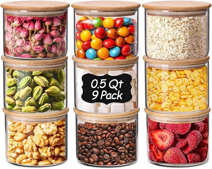 ComSaf 0.5 Qt Glass Food Storage Jars Set of 9, Clear Glass Storage Containers with Lids, Pantry Org