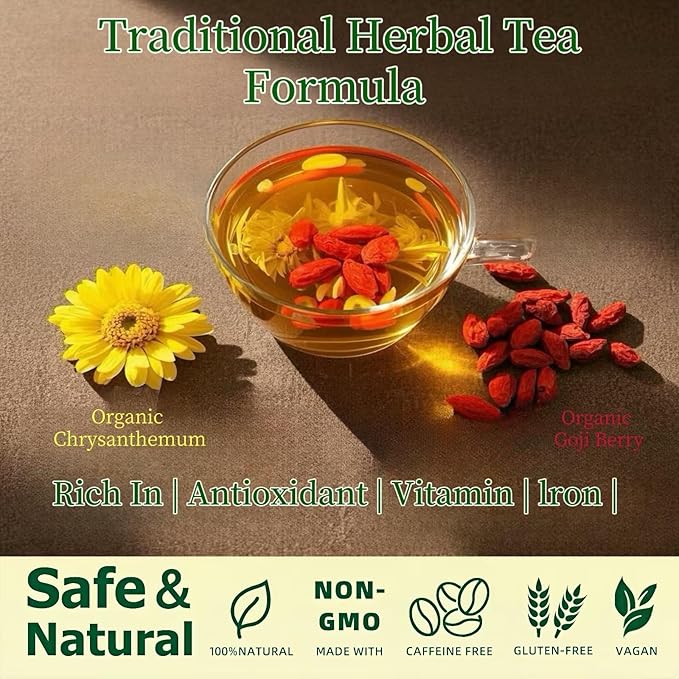 Eastrue Organic Goji Berry & Chrysanthemum Herbal Tea,50 Tea Bags,Stress Relief & Better Sleep,Non-GMO,Caffeine-Free