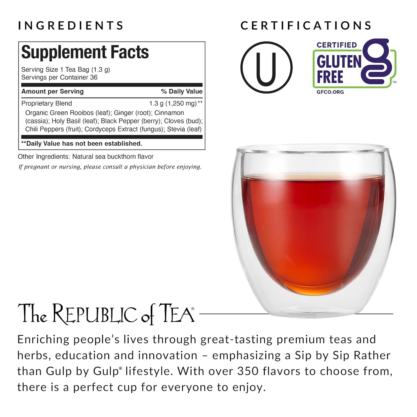 The Republic of Tea Be Well Get Burning Green Rooibos Herbal Tea, 36 Count | Caffeine Free. Suitable for day or evening sipping. Mellow and rounded with notes of warming ginger and baking spice.