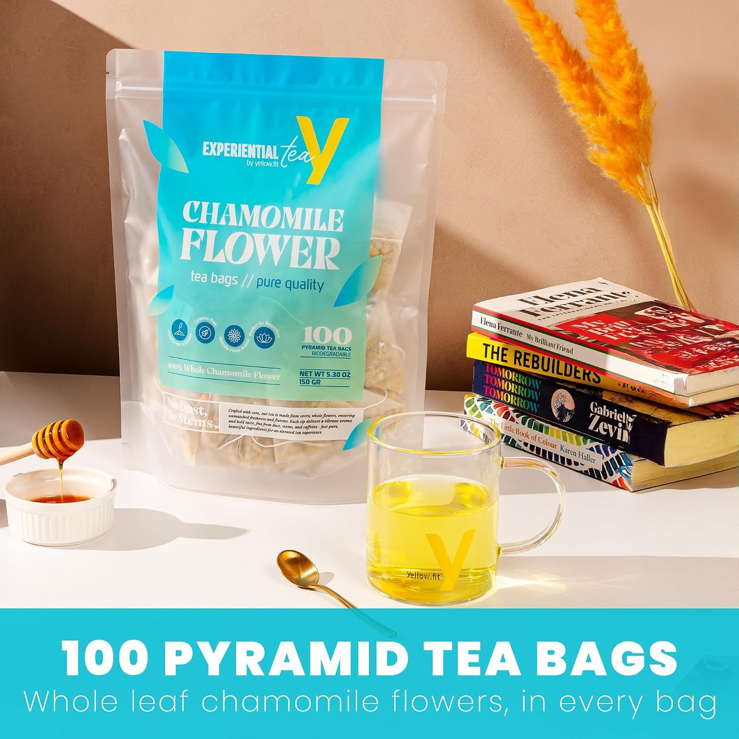 Yellow.fit Chamomile Herbal Tea Bags – 1500mg Loose Leaf Tea Bags, Caffeine-Free Herbal Tea Made with Whole Chamomile Flowers, Plant-Based Tea Bags, 100 Count