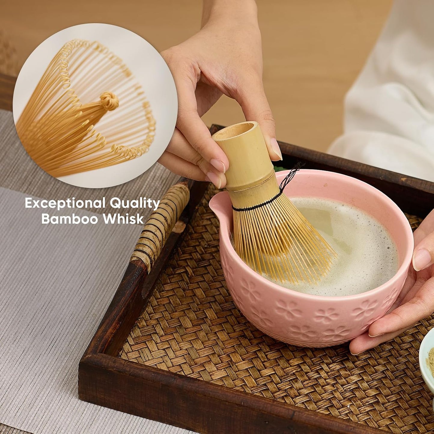 Matcha Whisk Set - Traditional Bamboo Chasen with Bowl, Complete Matcha Tea Making Kit &amp; Starter Tools for Authentic Japanese Ceremony (Pink01, 8pcs/set,Bowl entry-level Set)
