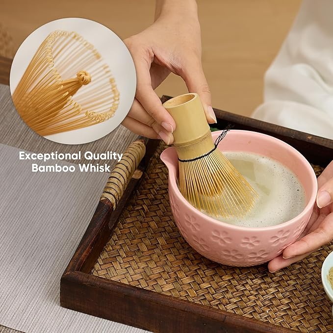 Matcha Whisk Set - Traditional Bamboo Chasen with Bowl, Complete Matcha Tea Making Kit & Starter Tools for Authentic Japanese Ceremony (Pink01, 8pcs/set,Bowl entry-level Set)