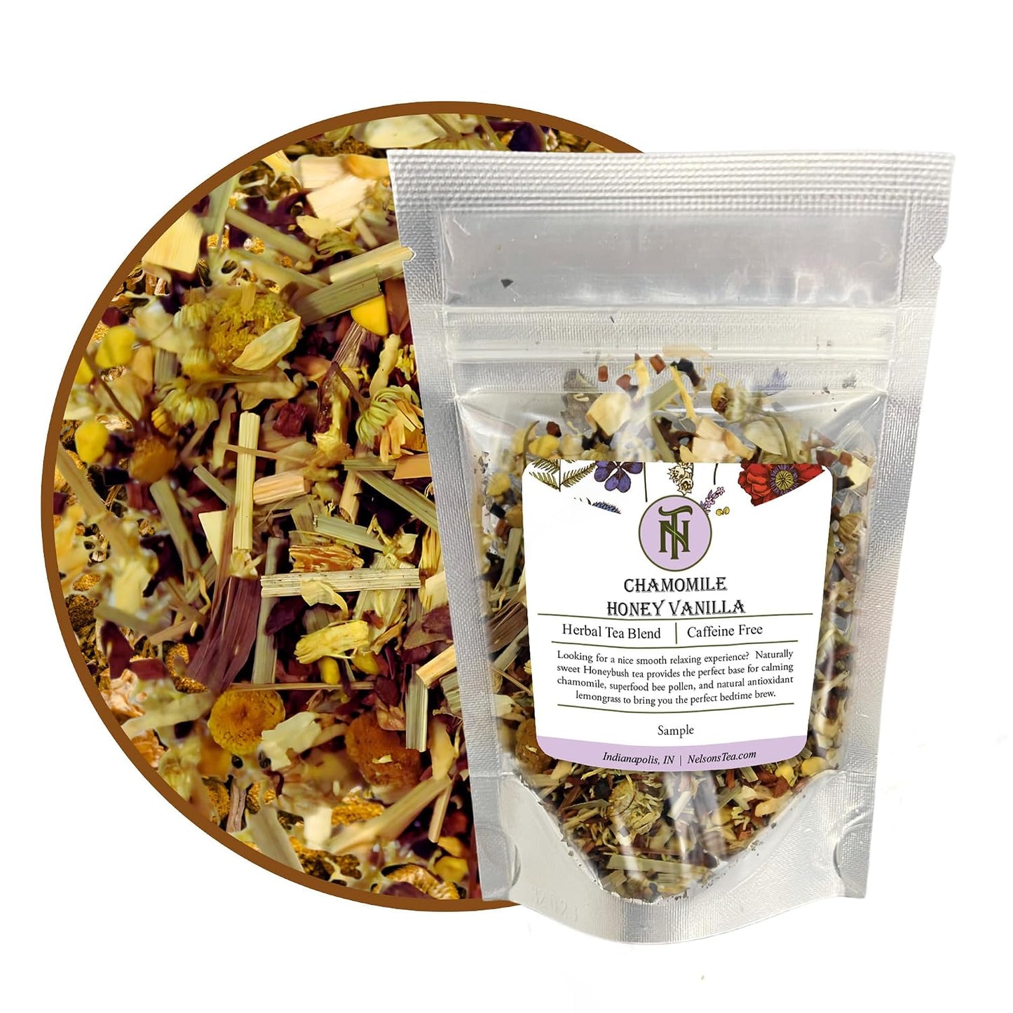 Nelson's Tea Chamomile Honey Vanilla Herbal Loose Leaf Tea, Sample 0.3 oz | Sleep • Relaxation Tea • Caffeine Free • Chamomile • Vanilla • Loose Leaf Tea • Herbal