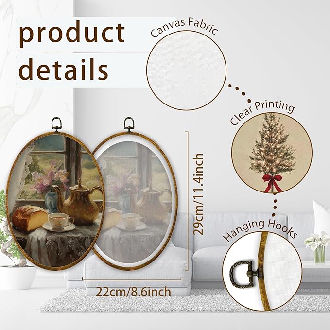 XPH Abstract Vintage Teapot Bread Round Wall Art Framed, Antique Coffee Cup Floral Circle Wall Decor, Rustic French Country Hanging Canvas Prints for Home Kitchen Decoration, 8.6x11.4 inch