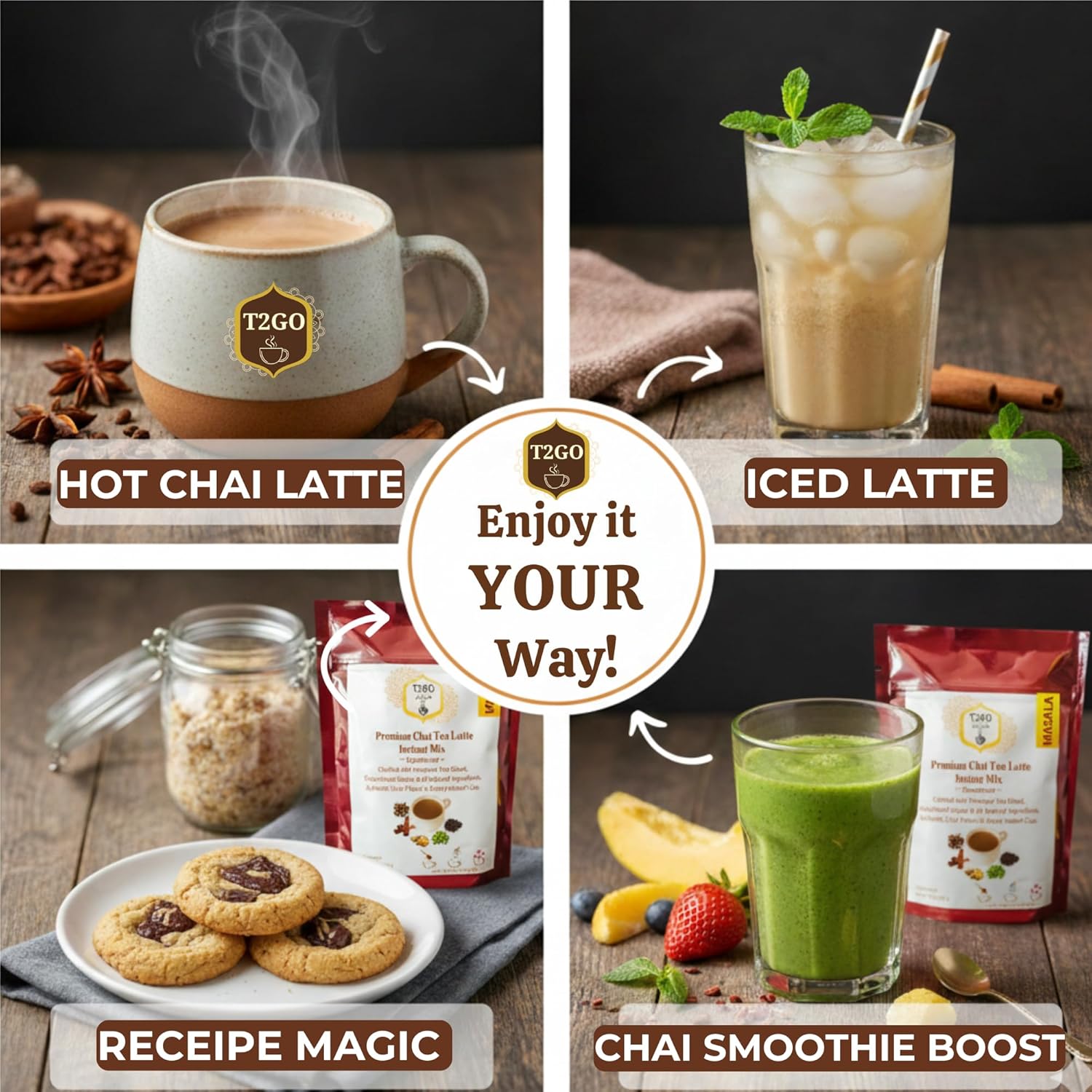 T2GO Instant Ginger Chai Latte Powder – Authentic Indian Chai Tea Mix | Low Sugar | Instant Chai Latte