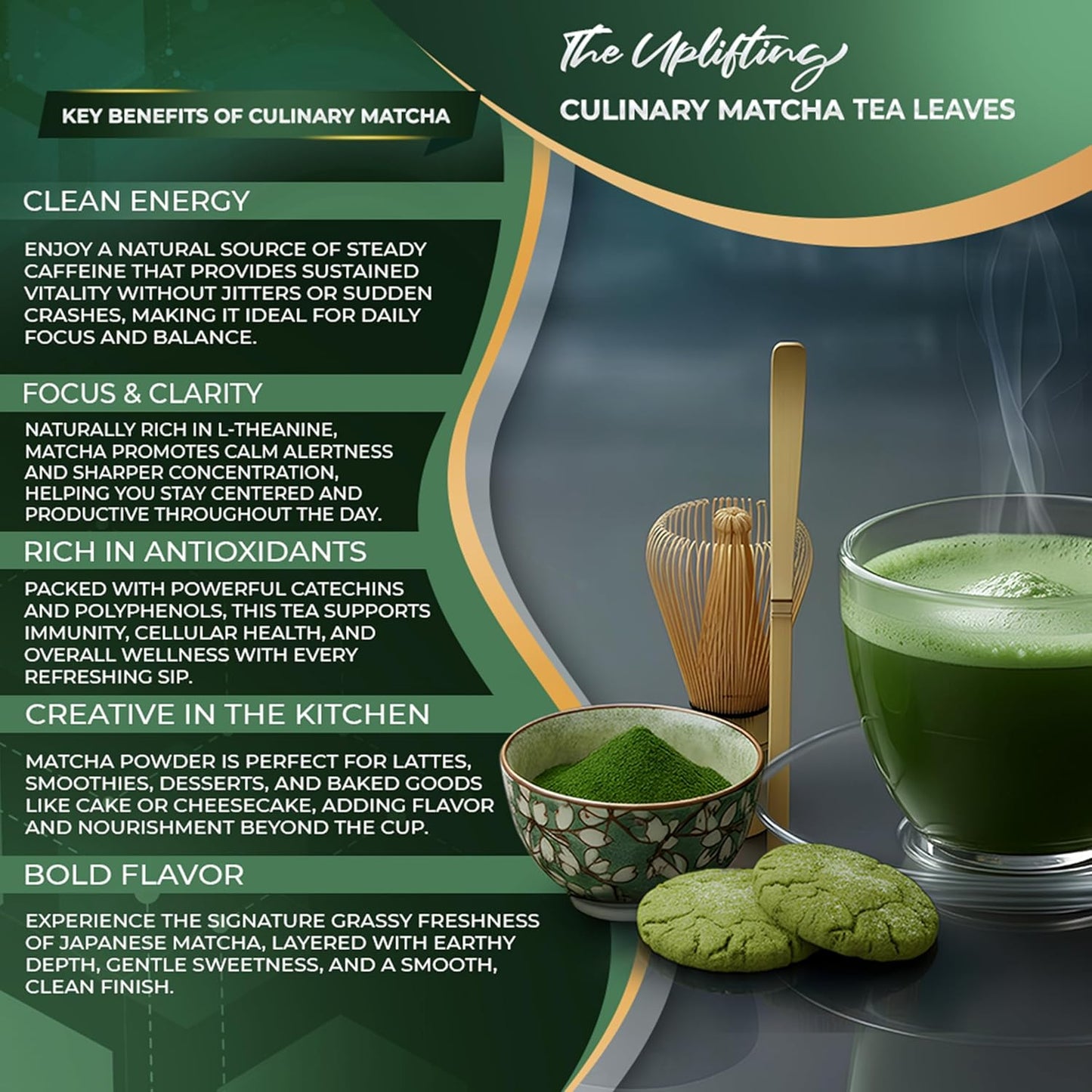 Golden Herbs Culinary Grade Matcha Organic Japanese Green Tea Powder for Lattes, Smoothies & Baking – Vibrant Green, Rich Umami Flavor, Stone-Ground for Maximum Freshness Resealable Pouch (60 Grams, Culinary Quality)