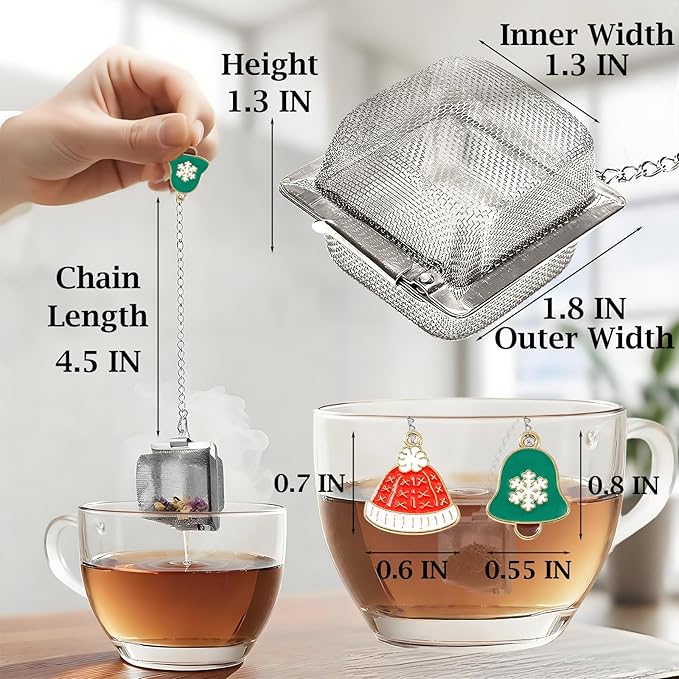 Christmas Themed Tea Infuser Set, 2 PCS Cubic Tea Strainers for Loose Leaf Tea, Reusable Stainless Steel Mesh Tea Ball, Tea Steeper with Red Hat and Green Bell Pendant