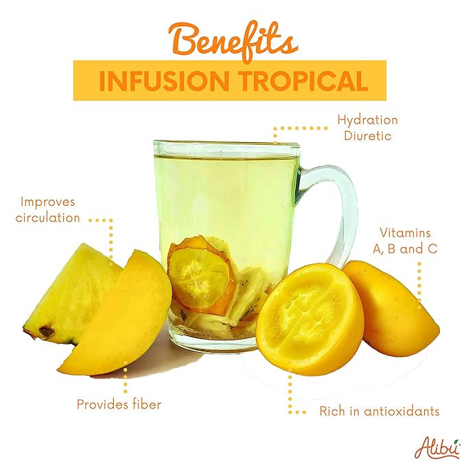 Alibú Dried Fruit Tea Infusions - Tropical - Naranjilla, Mango, Pineapple – Certified Vegan, 100% Natural, Hot or Iced, Caffeine Free