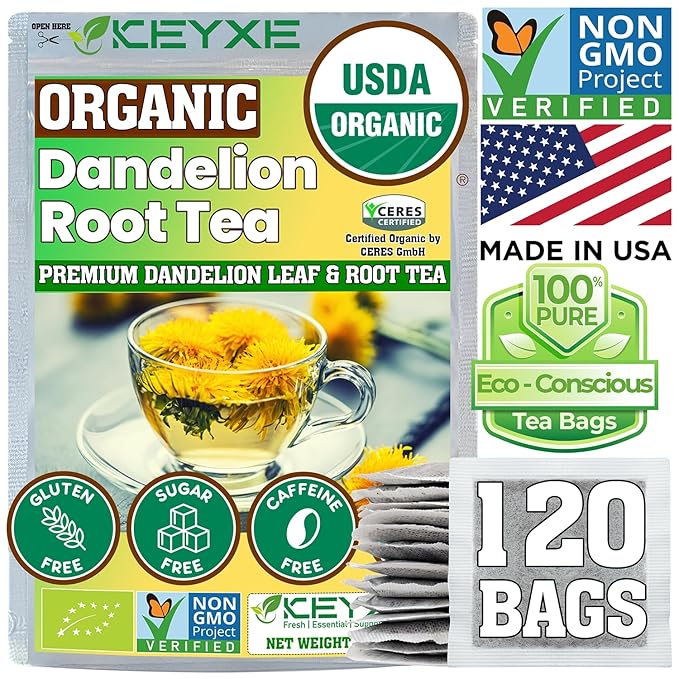 USDA Organic Dandelion Root Tea Bags , Roasted Coffee Substitute & Liver Kidney Cleanse Tea, Digestion & Bloating Relief Support, 100% Organic & Pure Dandelion Root, Non-GMO, Caffeine Free, 120 teabags Eco-Conscious Corn Fiber