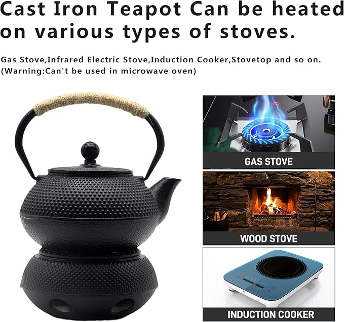30.4oz Small Cast Iron Teapot Set with Candle Warmer, Japanese Tea Kettle for Stovetop Safe, Black Teapot and Tea Cup Set, Tea Pot with Strainer for Loose Leaf(900ml)